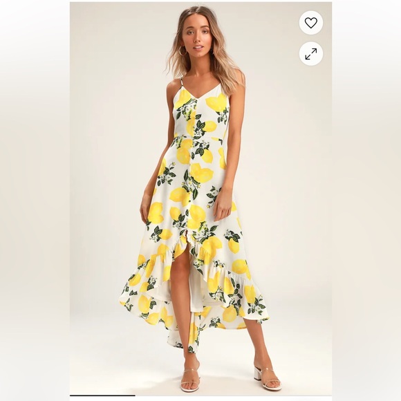 Lulus - Afternoon Air Yellow Lemon Print High-Low Midi Dress - Size M - Picture 3 of 13
